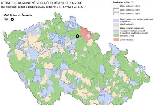 Mapka aktualního stav schválených Strategií komunitního rozvoje v rámci ČR k 23.6.2017